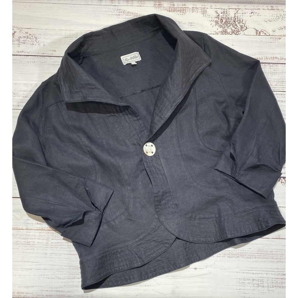 Two Wishes Jacket Womens S Black Linen Oversized Collar 3/4 Sleeve Single Button